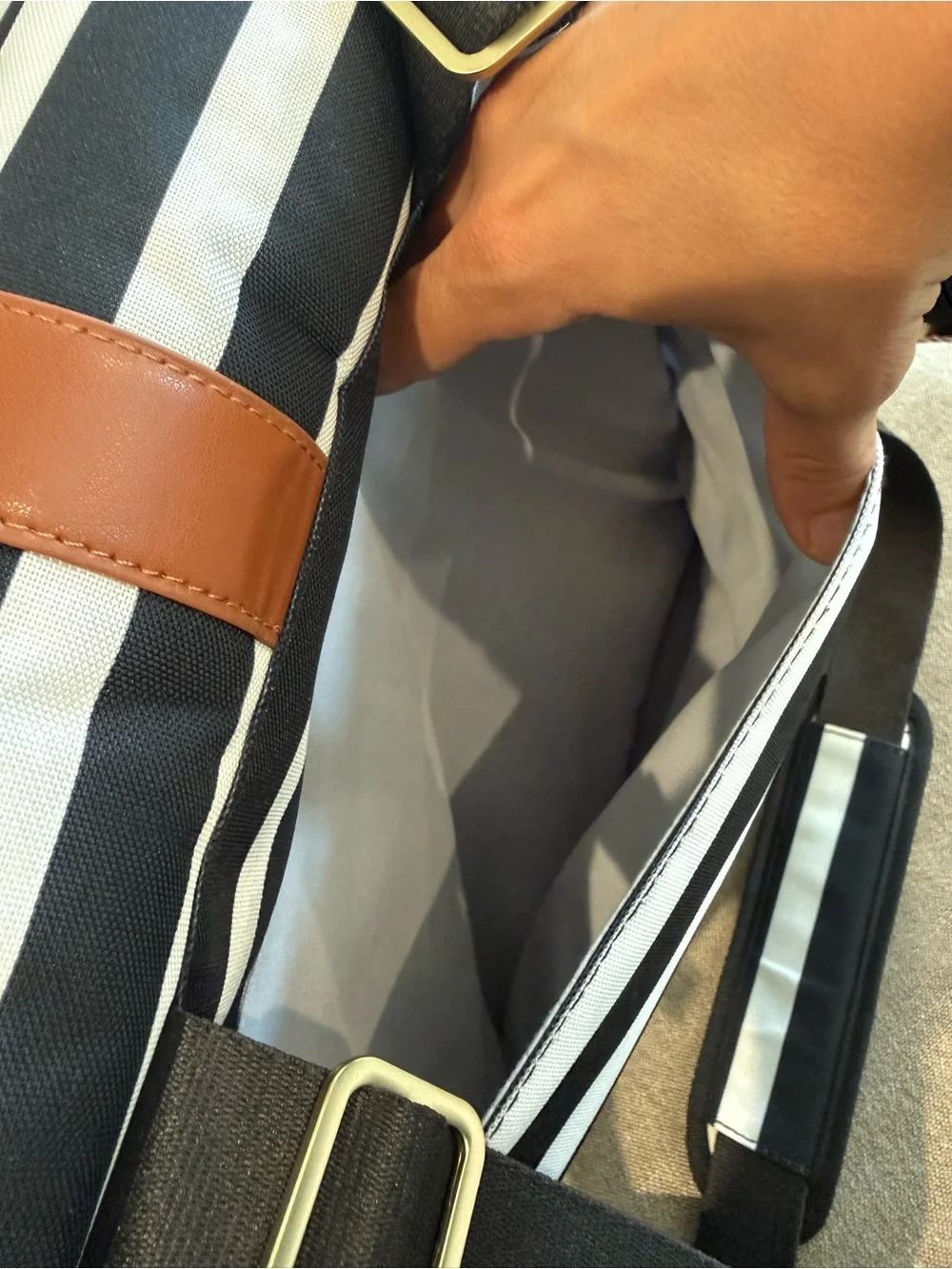 JJ Cole Black & White Striped Diaper Bag with Brown Trim